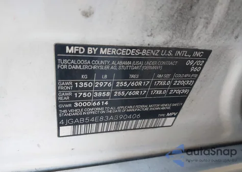 2003 Mercedes-Benz Ml 320 from USA, damaged, VIN 4JGAB54E83A390406